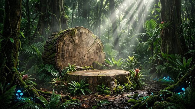 Massive cross section of a rustic wooden tree stump acts as a display podium deep in a tropical rainforest beneath dramatic sunlight rays.