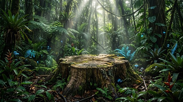 Massive cross section of a rustic wooden tree stump acts as a display podium deep in a tropical rainforest beneath dramatic sunlight rays.