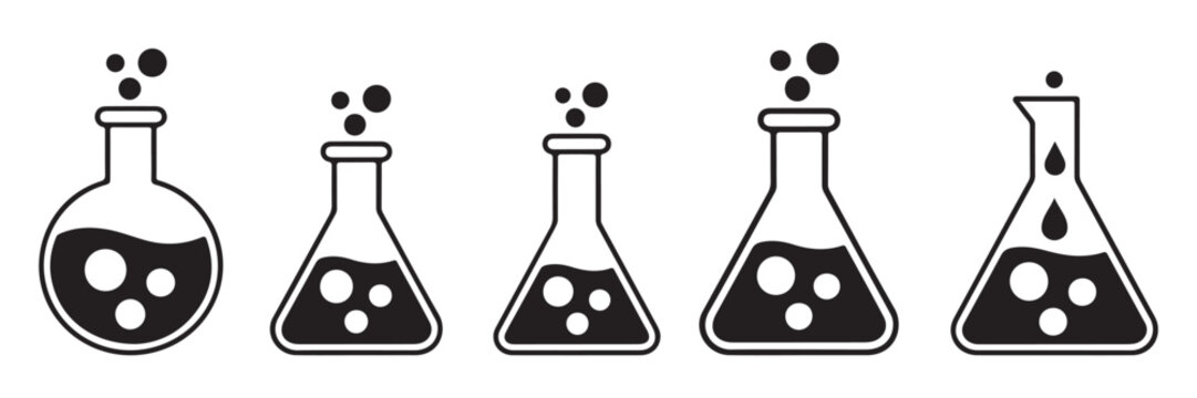 Laboratory flask icons with boiling liquid bubbles and chemical drops in various silhouettes.