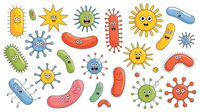 Multi-colored cartoon microbes and bacteria with cute faces representing germs viruses and microscopic organisms vector illustration set