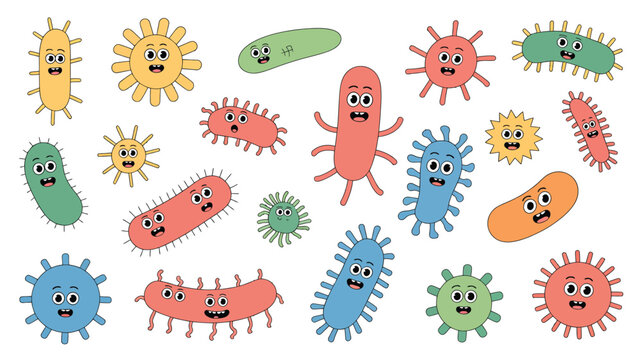 Multi-colored cartoon microbes and bacteria with cute faces representing germs viruses and microscopic organisms vector illustration set