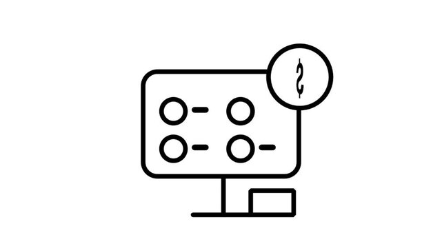 Financial Network Monitoring Motion Icon. Animated line icon of a computer monitor with node connections and a dollar sign, representing financial technology and market tracking.