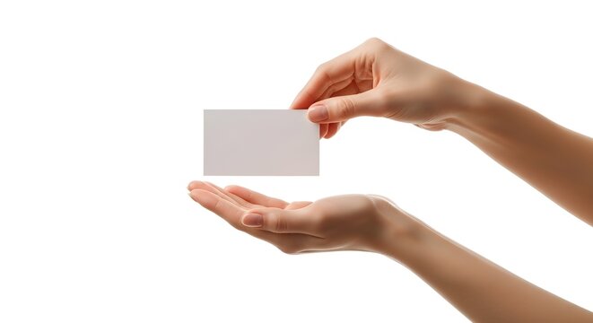 Hand holding blank business card over open palm, isolated on white background