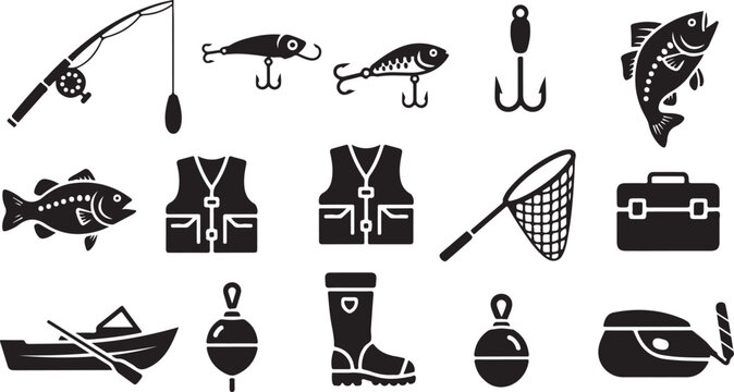 Fishing icons and equipment on white background