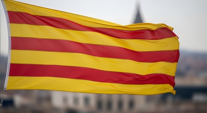 Catalan Flag Waving in Wind, Symbol of Catalonia Identity and Independence
