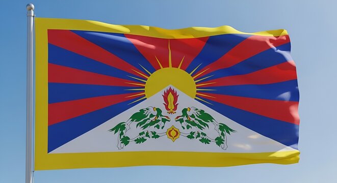 Tibetan Flag Waving in the Wind Against a Clear Blue Sky