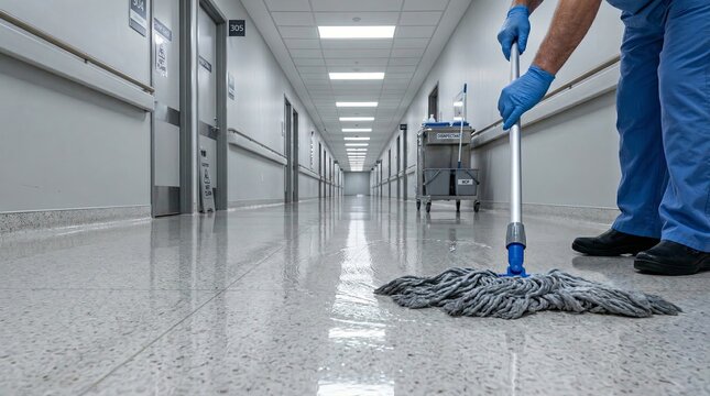 Gloved hands mopping hospital corridor floor with disinfectant in low angle perspective