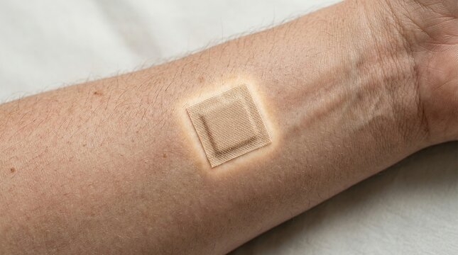 Adhesive patch on skin with soft glowing halo in clinical macro composition
