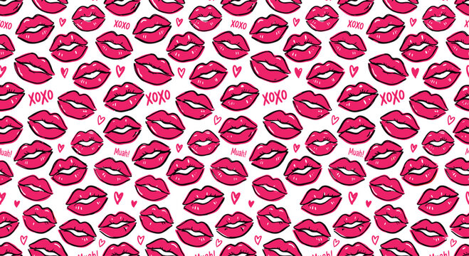 Seamless pattern with pink lipstick kiss marks and romantic hearts including xoxo and muah text Vector Illustration on transparent surface.