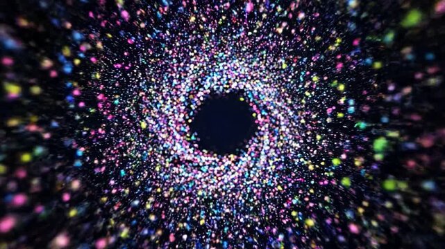 Cosmic Vortex of Particles: A mesmerizing swirl of vibrant particles, forming a dynamic vortex that draws the eye into the depths of a dark, celestial expanse.