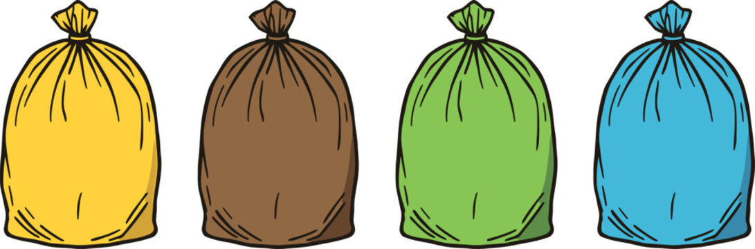 Set of four colorful fabric sacks or trash bags in yellow brown green and blue colors for storage and waste concepts. Vector Illustration
