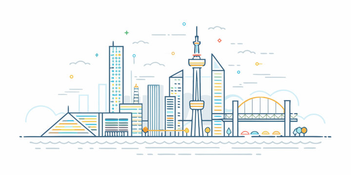 Modern cityscape illustration featuring toronto s cn tower and waterfront