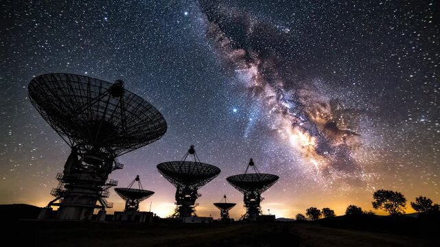 Majestic Radio Telescope Array under the vibrant Milky Way galaxy and starry night sky, perfect for science documentaries and space exploration content.