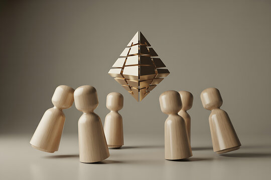 Small wooden peg figures gathered around a floating golden tiered geometric structure concept of central leadership and core organizational goals miniature leadership business teamwork structure