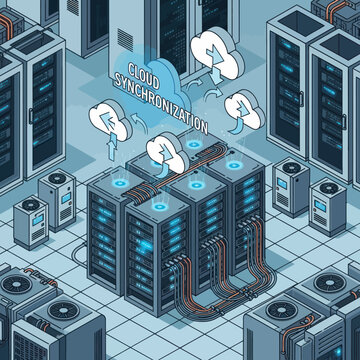 Isometric Cloud Synchronization Illustration - Data Servers and Cloud Integration.