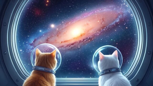 Two cats in space helmets looking at galaxy through spaceship porthole. Lockdown shot of ginger and white felines observing deep space.