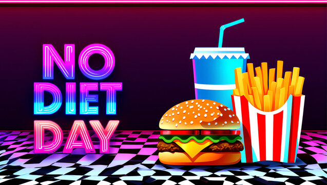 Colorful no diet day celebration with burger fries and soda on checkered floor