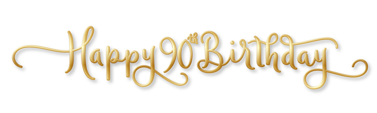 HAPPY 90th BIRTHDAY gold brush calligraphy banner with flourishes on transparent background