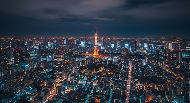 Tokyo cityscape at night with Tokyo Tower illuminated, aerial view, vibrant lights, urban sprawl