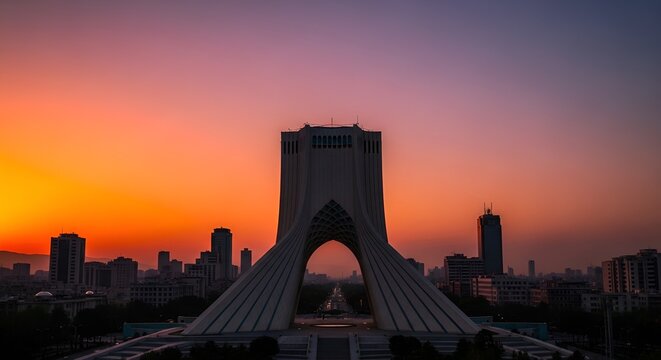 Tehran Azadi Tower at sunset, iconic landmark, modern architecture, Iran cityscape