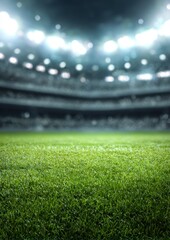 Naklejka premium A vast football stadium glows under bright lights at night, showcasing a pristine green pitch.