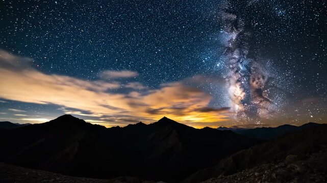 Stunning Milky Way Galaxy over dark mountain silhouettes and glowing clouds perfect for nature documentaries and cinematic backgrounds.