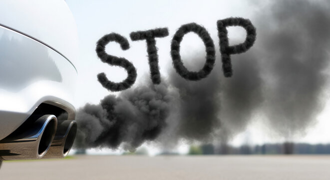 Car tailpipe emitting dense black smoke forming "STOP" in air, pollution warning and environmental impact concept