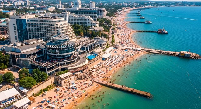 Aerial view of a crowded beach resort with turquoise sea and modern hotels