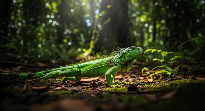Vibrant Green Iguana in Lush Rainforest, Sunlight Dappling Through Canopy