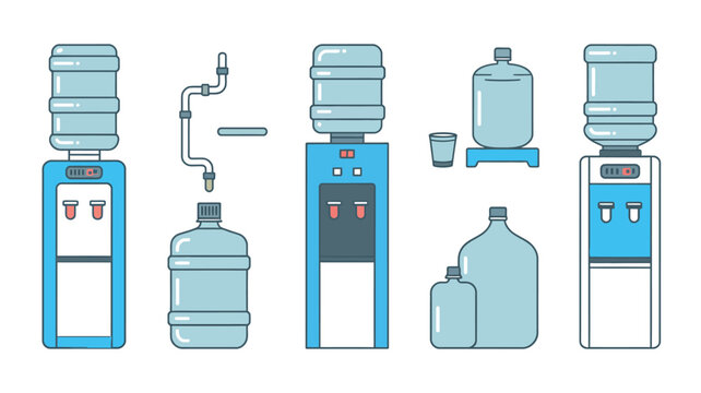 Selection of water dispensers with large blue bottles and reusable containers for home office or gym vector illustration