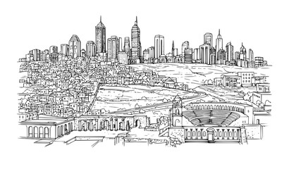 Fototapeta premium Amman city skyline sketch vector hand drawn architecture illustration isolated on white