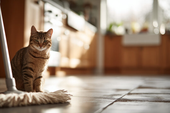 Clean minimalist kitchen with modern spray mop and tabby cat sitting on floor standard view