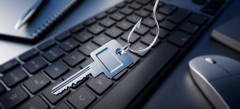Key pulled from a fishing hook as a concept for security, cybercrime, phishing, or data risk