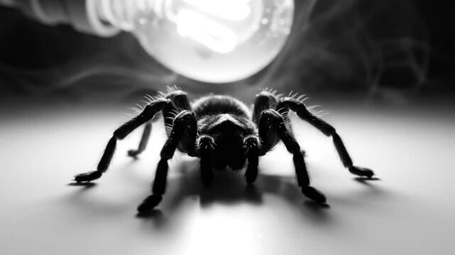 Black and White Macro Shot of a Tarantula Spider with a Lightbulb Behind it and Wispy Smoke