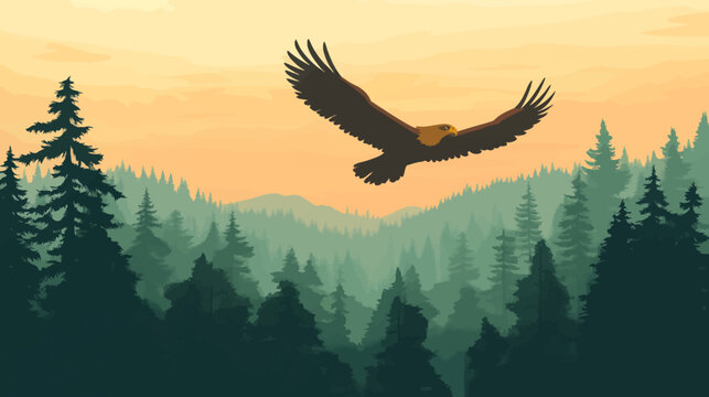 A majestic eagle soars above a forest of evergreens, illuminated by a warm sunset