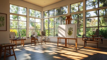 Fototapeta premium Sunlit Artist's Studio with Garden View