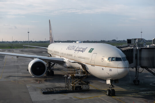 Jakarta, Indonesia - 7 April 2026: The airplane parking at Soekarno&ndash;Hatta International Airport CGK. It is the main airport of Jakarta located at Benda, Tangerang and Cengkareng, West Jakarta