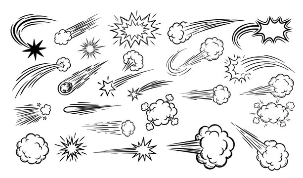Comic Speed Motion Effect Doodle Set &ndash; Hand Drawn Comet Trail Explosion Cloud Vector Collection