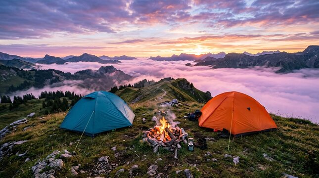Two camping tents in teal and vibrant orange sit on a grassy mountain ridge beside a bright warm campfire during an ethereal foggy sunrise.