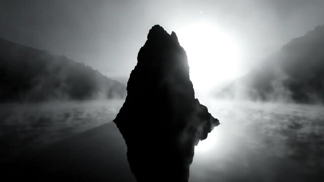 Mysterious monolith rising from calm water with surrounding hills and fog in monochrome