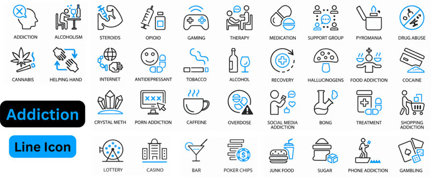 Addiction line icon set. Addiction icon set. Smoking and addiction line icon set. Vector pictograms of cigarette, pipe, vape, ashtray, and no smoking sign, thin outline illustration.