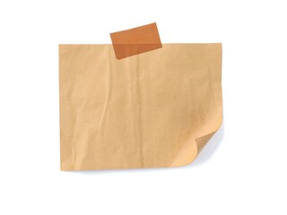 Fototapeta premium Empty brown kraft paper note taped on white background, Ideal for rustic designs, reminders, messages, or vintage-themed mockups