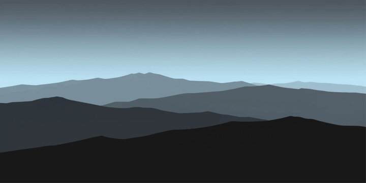 Abstract Majestic Mountainscape: A panoramic view of layered mountains fades into the distance, with varying shades of blue, offering a serene and awe-inspiring vista.
