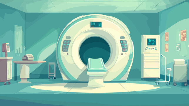 A pixelated medical scene showcases a CT scanner and supporting equipment, bathed in a cool color palette