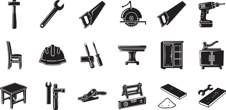 Collection of various carpentry and construction tools icons