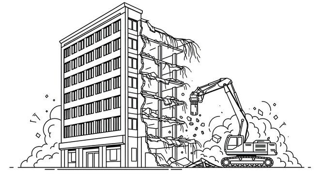Building demolition with excavator black and white outline illustration