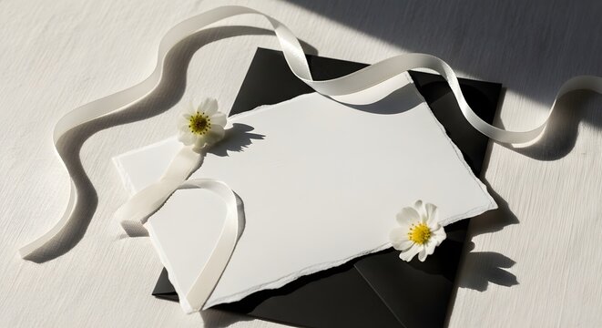 Blank deckle edge card on a black envelope with white ribbon and small white flowers, top view