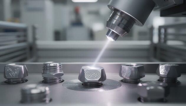 Industrial setting showing laser technology applying varied depth markings on fastener heads highlighting customization in permanent part identification processes.