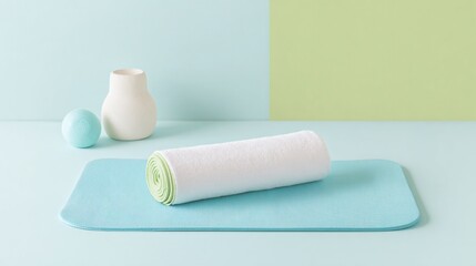 Obraz premium Serene wellness concept with a rolled towel and yoga mat on a pastel blue surface, complemented by a ceramic vase and sphere, evoking tranquility.