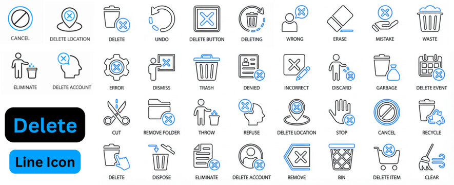 Delete line icon set. Delete icon set Contains icons as delete, trash, remove, erase, wrong and more. Vector illustration.